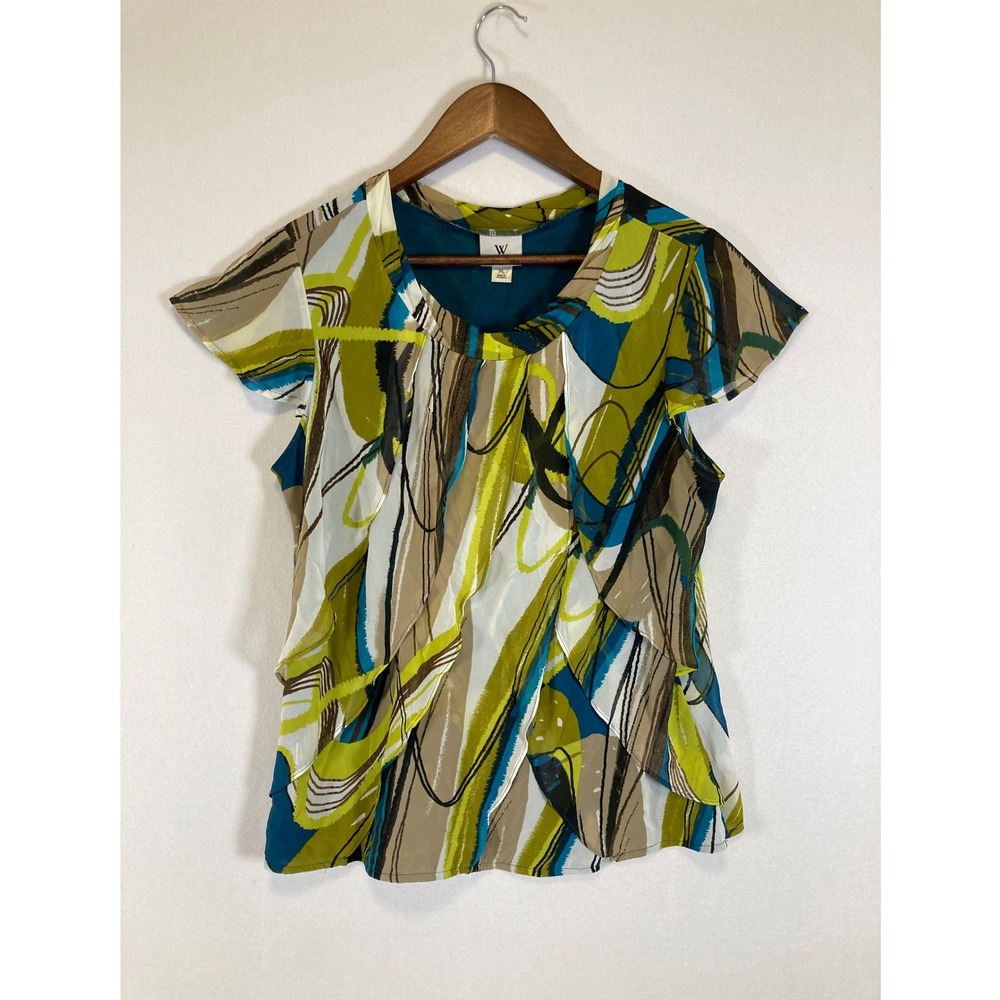 Abstract Art Worthington Petite Women PL Green Teal Ruffle Chiffon Blouse Top